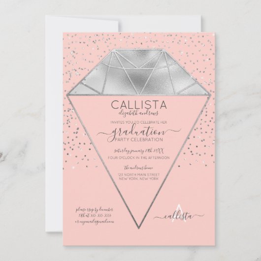 ピンクシルバーダイヤモンド紙吹雪グリッター卒業 招待状 (正面)