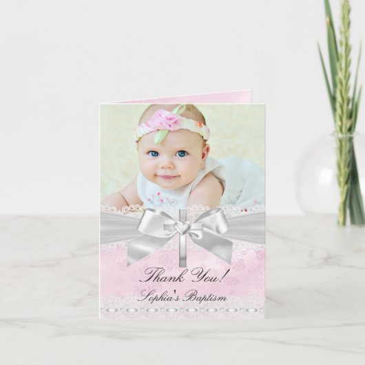 ピンクシルバーダマスクボウバプテスマサンキューカード サンキューカード (正面)