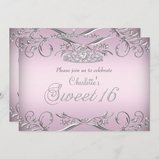 ピンクシルバーティアラスウィート16誕生日 招待状 (正面/裏面)