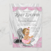 ピンクシルバーハイヒールシューズベビーシャワー招待状 招待状 (正面/裏面)