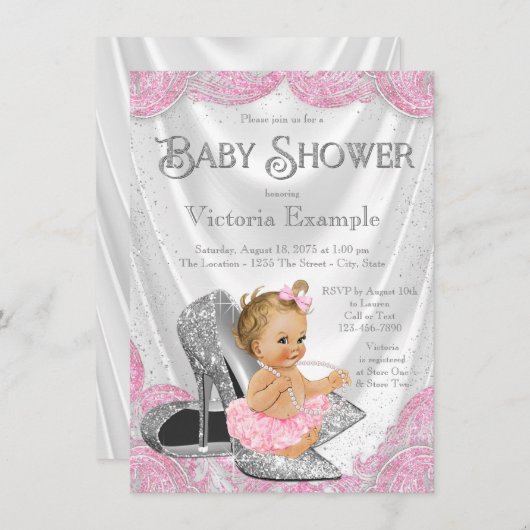 ピンクシルバーハイヒールシューズベビーシャワー招待状 招待状 (正面/裏面)