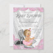 ピンクシルバーハイヒールシューズベビーシャワー招待状 招待状 (正面)