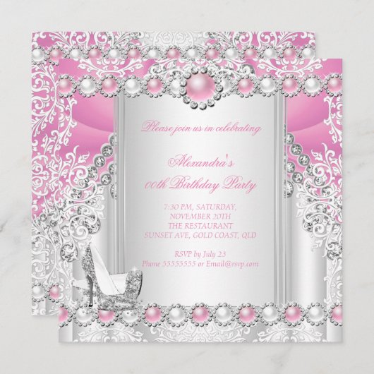 ピンクシルバーハイヒールパールバースデーパーティー3 招待状 (正面/裏面)