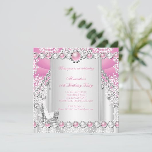 ピンクシルバーハイヒールパールバースデーパーティー3 招待状 (スタンド正面)