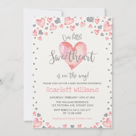 ピンクシルバーハートスウィートガールベビーシャワー 招待状 (正面)