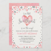 ピンクシルバーハートスウィートガールベビーシャワー 招待状 (正面/裏面)