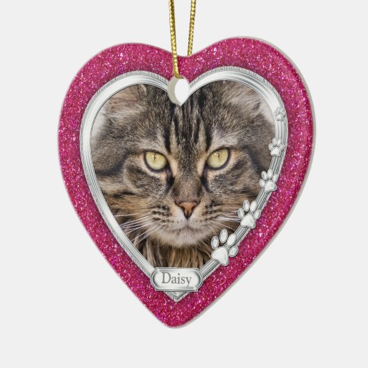 ピンクシルバーハートペットキャットメモリアル写真クリスマス セラミックオーナメント (左)
