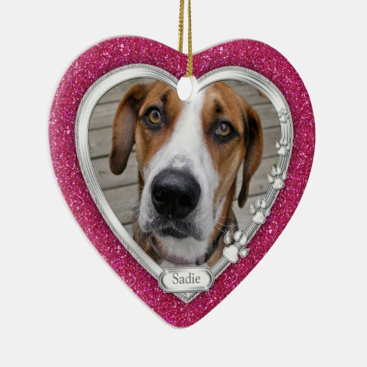 ピンクシルバーハートペットドッグ記念写真クリスマス セラミックオーナメント (右)