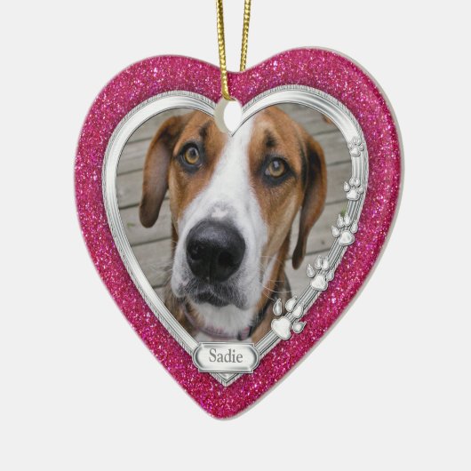 ピンクシルバーハートペットドッグ記念写真クリスマス セラミックオーナメント (左)