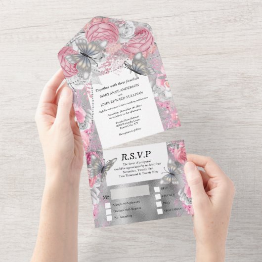 ピンクシルバーバタフライきらめくグリッター赤面バラ オールインワン招待状 (貼ってはがせる)