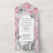 ピンクシルバーバタフライきらめくグリッター赤面バラ オールインワン招待状 (内側)