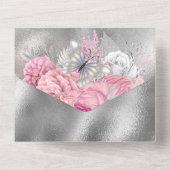 ピンクシルバーバタフライきらめくグリッター赤面バラ オールインワン招待状 (裏面)