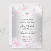 ピンクシルバーバタフライクロスバプテスマ招待状 招待状 (正面)