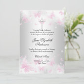 ピンクシルバーバタフライクロスバプテスマ招待状 招待状 (スタンド正面)