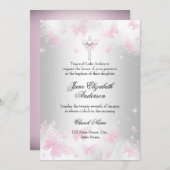 ピンクシルバーバタフライクロスバプテスマ招待状 招待状 (正面/裏面)