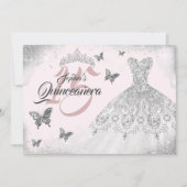 ピンクシルバーバタフライスパークルドレスキンセアニェラ 招待状 (正面)