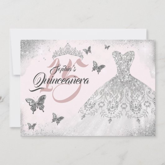 ピンクシルバーバタフライスパークルドレスキンセアニェラ 招待状 (正面)