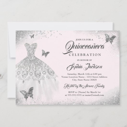 ピンクシルバーバタフライスパークルドレスキンセアニェラ 招待状 (裏面)