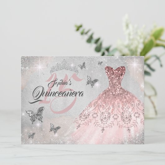 ピンクシルバーバタフライスパークルドレスキンセアニェラ 招待状 (スタンド正面)
