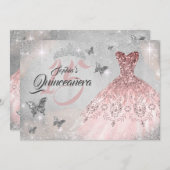 ピンクシルバーバタフライスパークルドレスキンセアニェラ 招待状 (正面/裏面)
