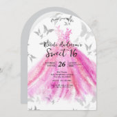 ピンクシルバーバタフライダンススウィート16誕生日 招待状 (正面/裏面)
