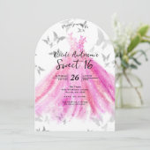 ピンクシルバーバタフライダンススウィート16誕生日 招待状 (スタンド正面)