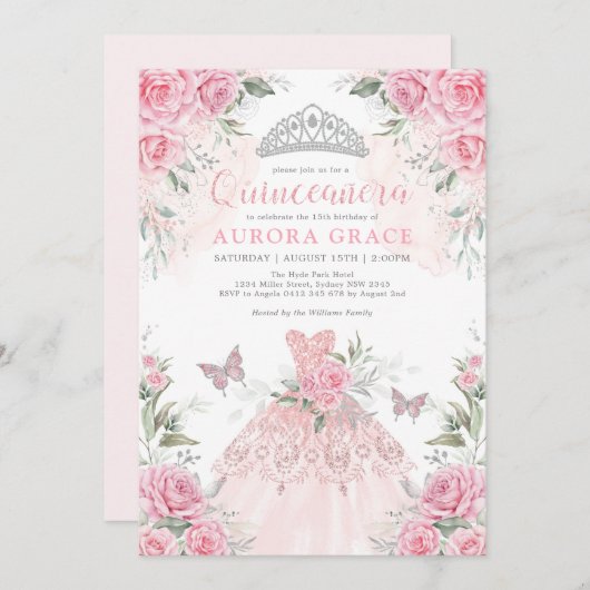 ピンクシルバーバラプリンセスクラウンキンセアニラ 招待状 (正面/裏面)