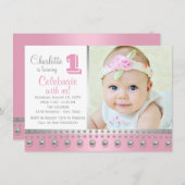 ピンクシルバーパールファースト誕生日 招待状 (正面/裏面)