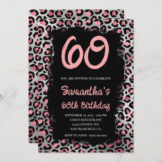 ピンクシルバーヒョウ絵を描ブラック60誕生日 招待状 (正面/裏面)