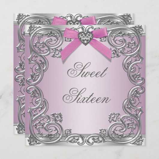 ピンクシルバーピンク甘い16誕生日パーティー 招待状 (正面/裏面)
