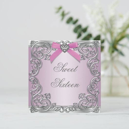 ピンクシルバーピンク甘い16誕生日パーティー 招待状 (スタンド正面)