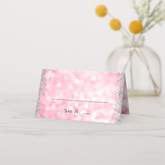 ピンクシルバーフェイクグリッターライト折り畳み プレイスカード (正面)
