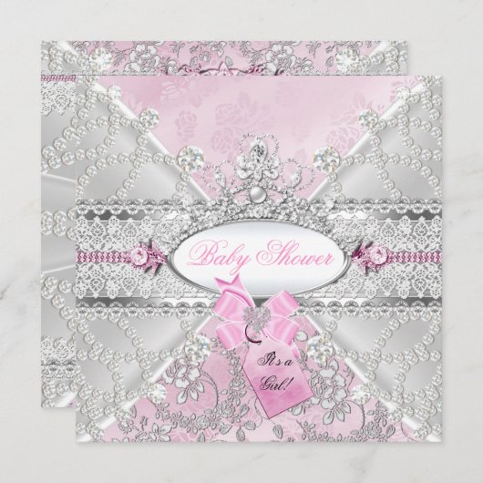 ピンクシルバーフローラバーブベビーシャワーダイヤモンド 招待状 (正面/裏面)