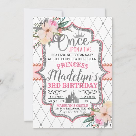 ピンクシルバーフローラプリンセス誕生日招待状 招待状 (正面)