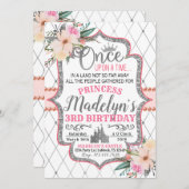 ピンクシルバーフローラプリンセス誕生日招待状 招待状 (正面/裏面)