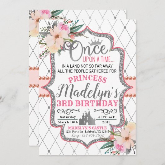 ピンクシルバーフローラプリンセス誕生日招待状 招待状 (正面/裏面)