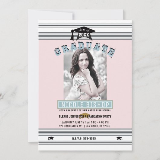 ピンクシルバーブルーエレガント写真卒業パーティー 招待状 (正面)