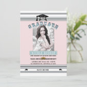 ピンクシルバーブルーエレガント写真卒業パーティー 招待状 (スタンド正面)