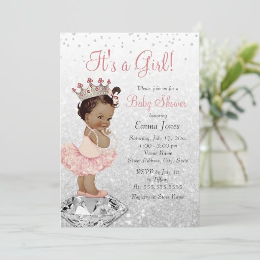 ピンクシルバープリンセスアフリカ系アメリカ人ベビーシャワー 招待状 (スタンド正面)