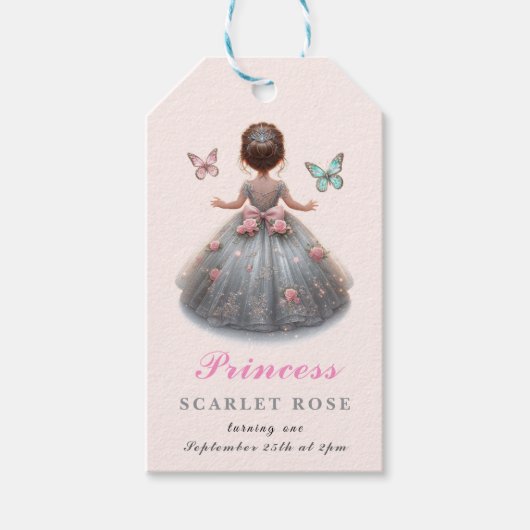 ピンクシルバープリンセスガウンおとぎ話の誕生日パーティー ギフトタグ (正面)