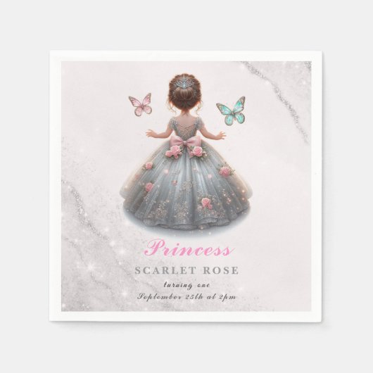 ピンクシルバープリンセスガウンおとぎ話の誕生日パーティー スタンダードカクテルナプキン (正面)