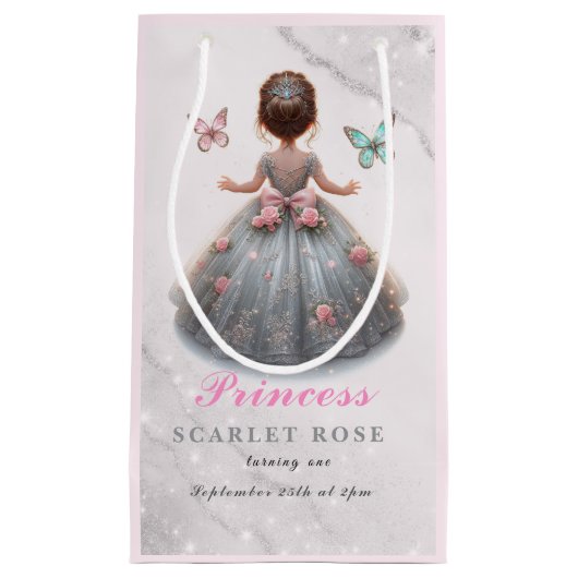 ピンクシルバープリンセスガウンおとぎ話の誕生日パーティー スモールペーパーバッグ (正面)