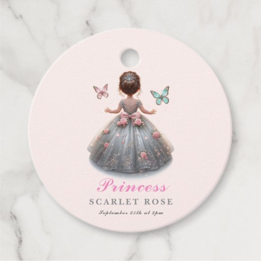 ピンクシルバープリンセスガウンおとぎ話の誕生日パーティー フェイバータグ (正面)