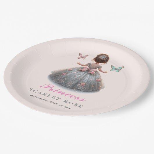 ピンクシルバープリンセスガウンおとぎ話の誕生日パーティー ペーパープレート (アングル)