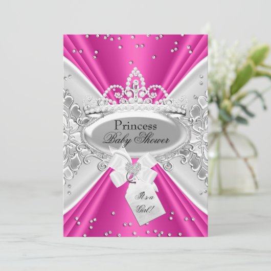 ピンクシルバープリンセスティアラベビーシャワー招待状 招待状 (スタンド正面)