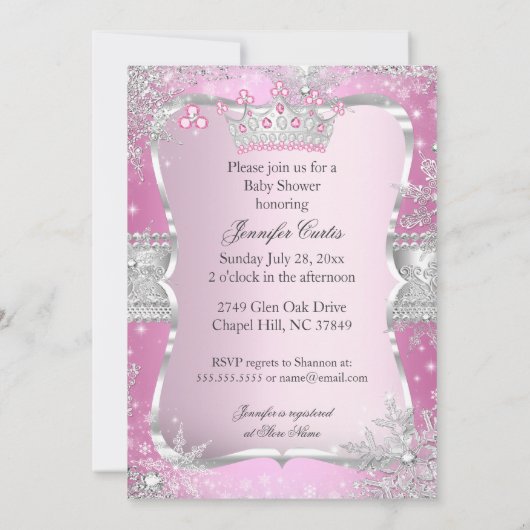 ピンクシルバープリンセスベビーシャワーエスニック 招待状 (裏面)