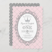 ピンクシルバープリンセス1歳誕生日パーティークラウン 招待状 (正面/裏面)