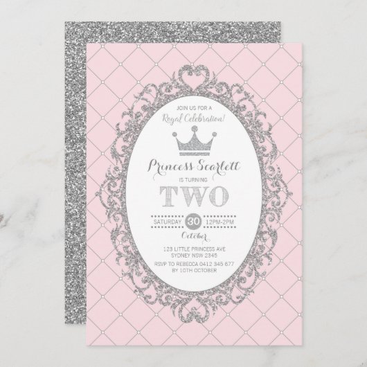 ピンクシルバープリンセス2nd誕生日パーティークラウン 招待状 (正面/裏面)