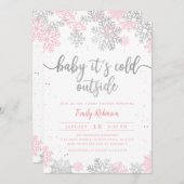 ピンクシルバーベビーその冷たいアウトサイドガールベビーシャワー 招待状 (正面/裏面)
