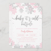 ピンクシルバーベビーその冷たいアウトサイドガールベビーシャワー 招待状 (正面/裏面)